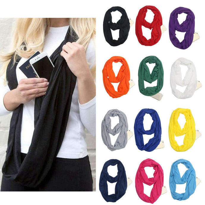 Fashion Portable Women Scarf with Zipper Pocket Infinity Scarf