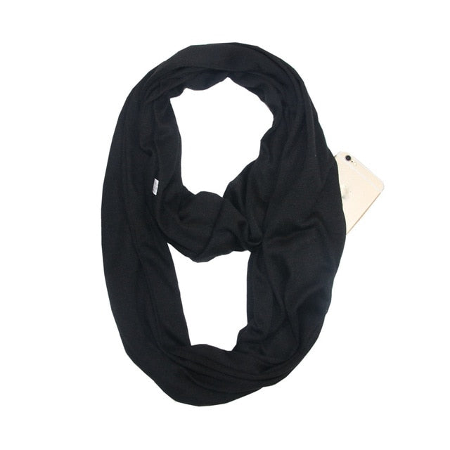Fashion Portable Women Scarf with Zipper Pocket Infinity Scarf